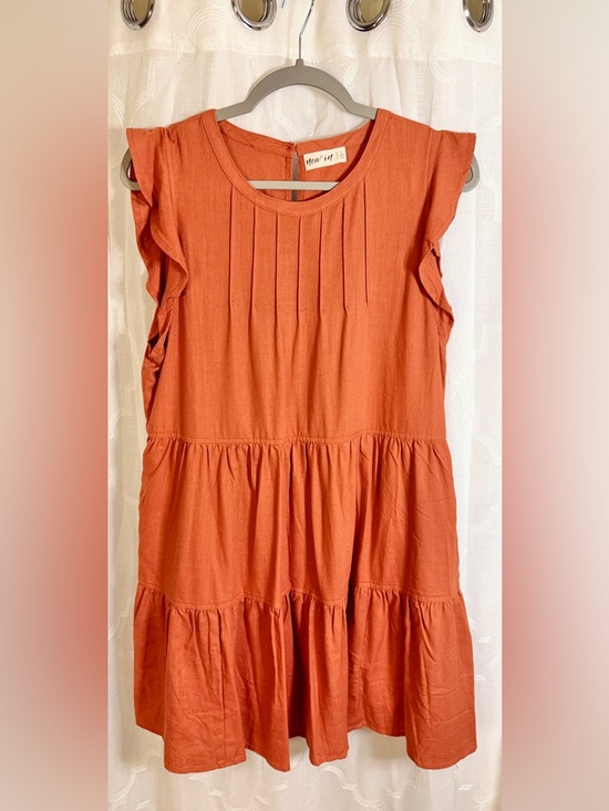 new in Dresses & Skirts - New In Rust Orange Tiered Dress| Ruffle Sleeve Mini Dress | Boho Casual | Size L